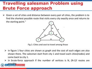 Travelling salesman Problem using
Brute Force approach
 Given a set of cities and distance between every pair of cities, the problem is to
find the shortest possible route that visits every city exactly once and returns to
the starting point."
 In figure 1 four cities are shown as graph and the cost of each edges are also
shown there. The salesman start from city 1 and travel each cities(nodes) and
come back to city 1.
 In brute-force approach if the number of vertices is N, (N-1)! routes are
possible.
Fig 1: Cities and cost to travel among those
 