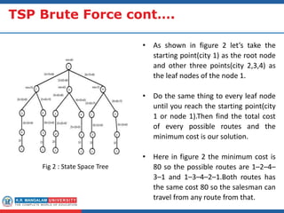 TSP Brute Force cont….
Fig 2 : State Space Tree
• As shown in figure 2 let’s take the
starting point(city 1) as the root node
and other three points(city 2,3,4) as
the leaf nodes of the node 1.
• Do the same thing to every leaf node
until you reach the starting point(city
1 or node 1).Then find the total cost
of every possible routes and the
minimum cost is our solution.
• Here in figure 2 the minimum cost is
80 so the possible routes are 1–2–4–
3–1 and 1–3–4–2–1.Both routes has
the same cost 80 so the salesman can
travel from any route from that.
 