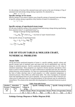 It is the entropy of one kg of dry saturated steam and is given as the sum of entropy of 1kg of
saturated water and entropy change during evaporation. It is denoted by sg.
Thus sg = sf + sfg
Specific entropy of wet steam
Specific entropy of wet steam is equal to sum of specific entropy of saturated water and change
in specific entropy during evaporation of dry fraction of steam. It is denoted by sws
sws = sf + x. sfg
Specific entropy of superheated steam (ssup)
It is the sum of specific entropy of dry saturated steam and entropy change during superheating
from saturation temp Ts to superheated temp Tsup.
Total specific entropy of superheated steam
USE OF STEAM TABLES & MOLLIER CHART,
NUMERICAL PROBLEMS
Steam Table
All the previously mentioned properties of steam i.e. specific enthalpy, specific volume and
specific entropy each of saturated water and steam (wet, dry & superheated) vary with the
change in saturation pressure. And for a particular saturation pressure there is a fix value of
saturation temperature. These properties are required in thermo dynamic calculations where
steam is used as working medium. It is quite cumbersome to calculate each time, the value and
relation between various properties. So, these are experimentally determined and presented in
the form of tables showing value of each property w.r.t either saturation temperature or
saturation pressure. These tables are called steam tables. The value of properties of saturated
steam and superheated steam are given separately. If any given pressure falls in between two
values given in table then value of concerned property on this pressure may be calculated by
interpolation. The column in the steam table showing properties of saturated stream are as given
below:
Table: Stem table format
Absolute
Pressure
in bar
(P)
Saturation
Temperature
in 0C
(t)
Specific
Volume in
m3/kg
Specific Enthalpy in kJ/kg Specific Entropy in kJ/kg.k
Water
(vf)
Steam
(vg)
Water
(hf)
Evaporation
(hfg)
Steam
(hg)
Water
(sf)
Evaporation
(sfg)
Steam
(sg)
Enthalpy-Entropy Diagram or Mollier Diagram (H-∅)
 