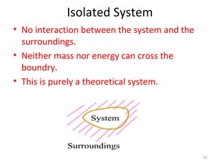 Isolated System
• No interaction between the system and the
surroundings.
• Neither mass nor energy can cross the
boundry.
• This is purely a theoretical system.
10
 