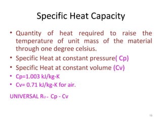 Specific Heat Capacity
• Quantity of heat required to raise the
temperature of unit mass of the material
through one degree celsius.
• Specific Heat at constant pressure( Cp)
• Specific Heat at constant volume (Cv)
• Cp=1.003 kJ/kg-K
• Cv= 0.71 kJ/kg-K for air.
UNIVERSAL RU = Cp - Cv
19
 