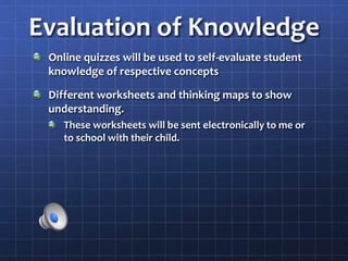 Evaluation of Knowledge
Online quizzes will be used to self-evaluate student
knowledge of respective concepts
Different worksheets and thinking maps to show
understanding.
These worksheets will be sent electronically to me or
to school with their child.
 