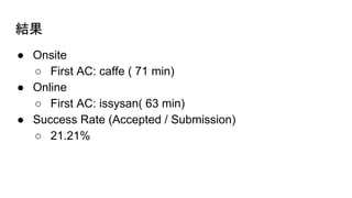 Y
 Onsite
 First AC: caffe ( 71 min)
 Online
 First AC: issysan( 63 min)
 Success Rate (Accepted / Submission)
 21.21%
 