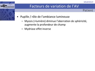 Facteurs de variation de l’AV Pupille / rôle de l’ambiance lumineuse Myosis (=lumière) diminue l’aberration de sphéricité, augmente la profondeur de champ Mydriase effet inverse Patient  