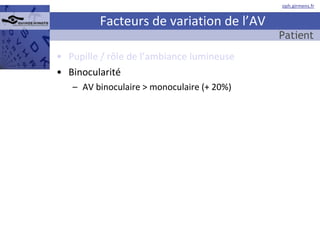 Facteurs de variation de l’AV Pupille / rôle de l’ambiance lumineuse Binocularité AV binoculaire > monoculaire (+ 20%) Patient  