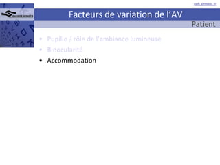 Facteurs de variation de l’AV Pupille / rôle de l’ambiance lumineuse Binocularité Accommodation Patient  