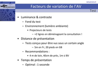 Facteurs de variation de l’AV Luminance & contraste Fond du test Environnement (lumière ambiante) Projecteurs de tests +2 lignes en déménageant la consultation ! Distance de présentation Tests conçus pour être vus sous un certain angle 5m en Fr, 20 pieds en GB Recommandations : 4 m de loin, 40cm de près, 1m si BV Temps de présentation Optimal : 1 seconde Test  
