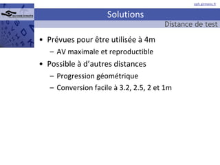 Solutions Prévues pour être utilisée à 4m AV maximale et reproductible Possible à d’autres distances Progression géométrique Conversion facile à 3.2, 2.5, 2 et 1m Distance de test 