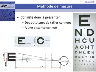 Méthode de mesure Consiste donc à présenter  Des optotypes de tailles connues A une distance connue 