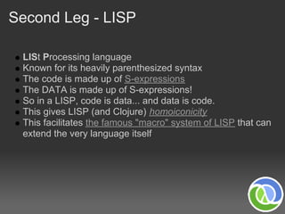 Second Leg - LISP

 LISt Processing language
 Known for its heavily parenthesized syntax
 The code is made up of S-expressions
 The DATA is made up of S-expressions!
 So in a LISP, code is data... and data is code.
 This gives LISP (and Clojure) homoiconicity
 This facilitates the famous "macro" system of LISP that can
 extend the very language itself
 