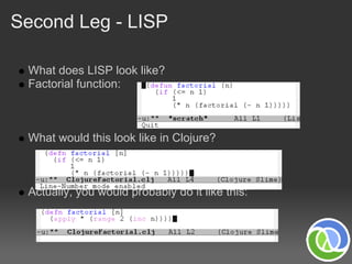Second Leg - LISP

 What does LISP look like?
 Factorial function:



 What would this look like in Clojure?



 Actually, you would probably do it like this:
 
