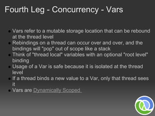 Fourth Leg - Concurrency - Vars

  Vars refer to a mutable storage location that can be rebound
  at the thread level
  Rebindings on a thread can occur over and over, and the
  bindings will "pop" out of scope like a stack
  Think of "thread local" variables with an optional "root level"
  binding
  Usage of a Var is safe because it is isolated at the thread
  level
  If a thread binds a new value to a Var, only that thread sees
  it
  Vars are Dynamically Scoped
 