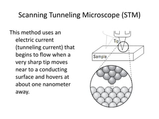 Scanning Tunneling Microscope (STM)

This method uses an
  electric current
  (tunneling current) that
  begins to flow when a
  very sharp tip moves
  near to a conducting
  surface and hovers at
  about one nanometer
  away.
 