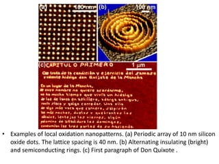 • Examples of local oxidation nanopatterns. (a) Periodic array of 10 nm silicon
  oxide dots. The lattice spacing is 40 nm. (b) Alternating insulating (bright)
  and semiconducting rings. (c) First paragraph of Don Quixote .
 