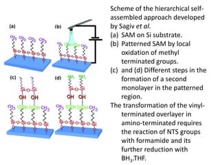 Scheme of the hierarchical self-
assembled approach developed
by Sagiv et al.
(a) SAM on Si substrate.
(b) Patterned SAM by local
    oxidation of methyl
    terminated groups.
(c) and (d) Different steps in the
    formation of a second
    monolayer in the patterned
    region.
The transformation of the vinyl-
    terminated overlayer in
    amino-terminated requires
    the reaction of NTS groups
    with formamide and its
    further reduction with
    BH3.THF.
 