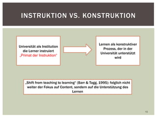 10
INSTRUKTION VS. KONSTRUKTION
Lernen als konstruktiver
Prozess, der in der
Universität unterstützt
wird
„Shift from teaching to learning“ (Barr & Tagg, 1995): folglich nicht
weiter der Fokus auf Content, sondern auf die Unterstützung des
Lernen
Universität als Institution
die Lerner instruiert
„Primat der Instruktion“
 