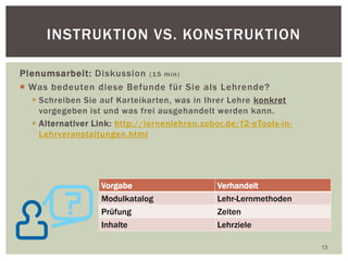 Plenumsarbeit: Diskussion (15 min)
 Was bedeuten diese Befunde für Sie als Lehrende?
 Schreiben Sie auf Karteikarten, was in Ihrer Lehre konkret
vorgegeben ist und was frei ausgehandelt werden kann.
 Alternativer Link: http://lernenlehren.xobor.de/f2-eTools-in-
Lehrveranstaltungen.html
13
INSTRUKTION VS. KONSTRUKTION
Vorgabe Verhandelt
Modulkatalog Lehr-Lernmethoden
Prüfung Zeiten
Inhalte Lehrziele
 