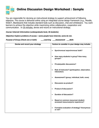 Online Discussion Design Worksheet : Sample

You are responsible for devising an instructional strategy to support achievement of following
objective. The course is delivered online using an integrated course design framework (e.g., Moodle,
WebCT, Blackboard) that includes standard tools such as discussion, chat and whiteboard. You want
learners to achieve the objective while maximizing online collaboration, cooperation and
communication. In 20 minutes, devise and record an instructional strategy.

Course: Internet Information (undergraduate level, 20 students)

Objective: Explore problems of access – some people have Internet, some do not.

Purpose of Group (Check one or both)     ___Learning ___Assessment ___Both

          Devise and record your strategy              Factors to consider in your design may include:


                                                      •   Synchronous/ asynchronous/ both?


                                                      •   How many students in group? How many
                                                          groups?


                                                      •   Private/public discussions?


                                                      •   Role of instructor? (participation, observation,
                                                          interaction)


                                                      •   Assessment? (group, individual, both, none)


                                                      •   Discussion as product?


                                                      •   Product of discussion?


                                                      •   Duration of discussion?


                                                      •   Based on common resources/ student-
                                                          accessed resources/prior experience?


                                                      •   Formative evaluation of strategy? Anonymous
                                                          or not?
 