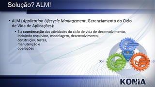 Solução? ALM!

• ALM (Application Lifecycle Management, Gerenciamento do Ciclo
  de Vida de Aplicações):
  • É a coordenação das atividades do ciclo de vida de desenvolvimento,
    incluindo requisitos, modelagem, desenvolvimento,
    construção, testes,
    manutenção e
    operações
 