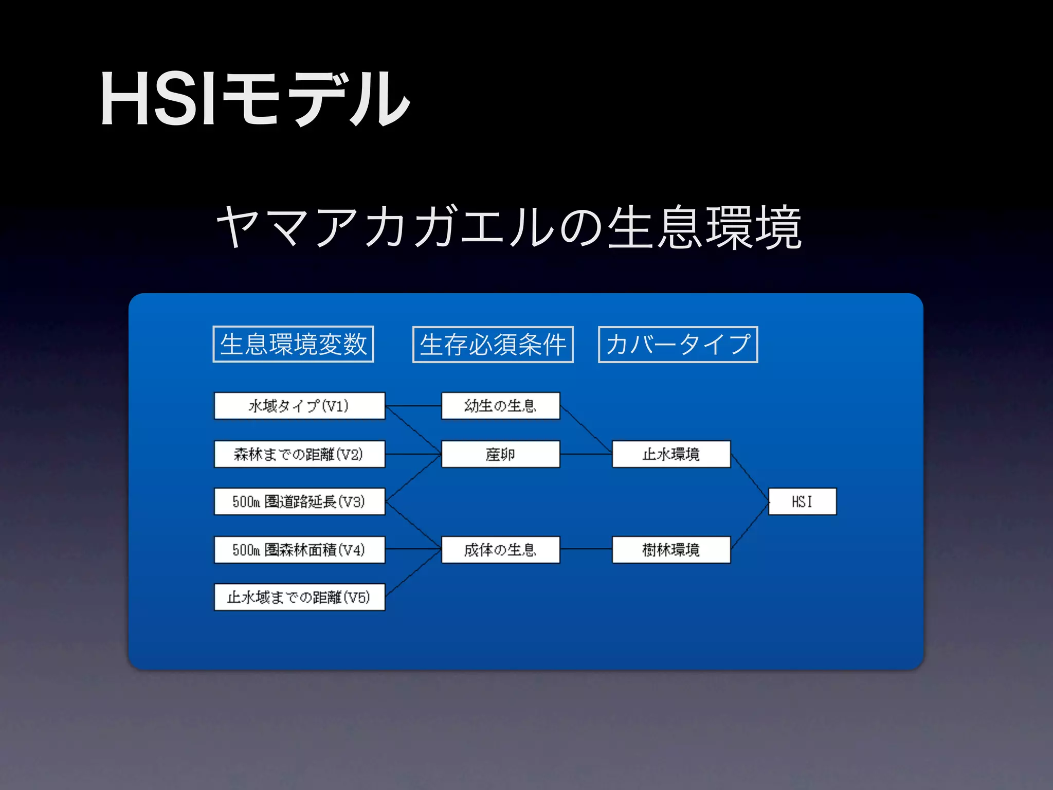 HSIモデル
  ヤマアカガエルの生息環境

  生息環境変数   生存必須条件   カバータイプ
 