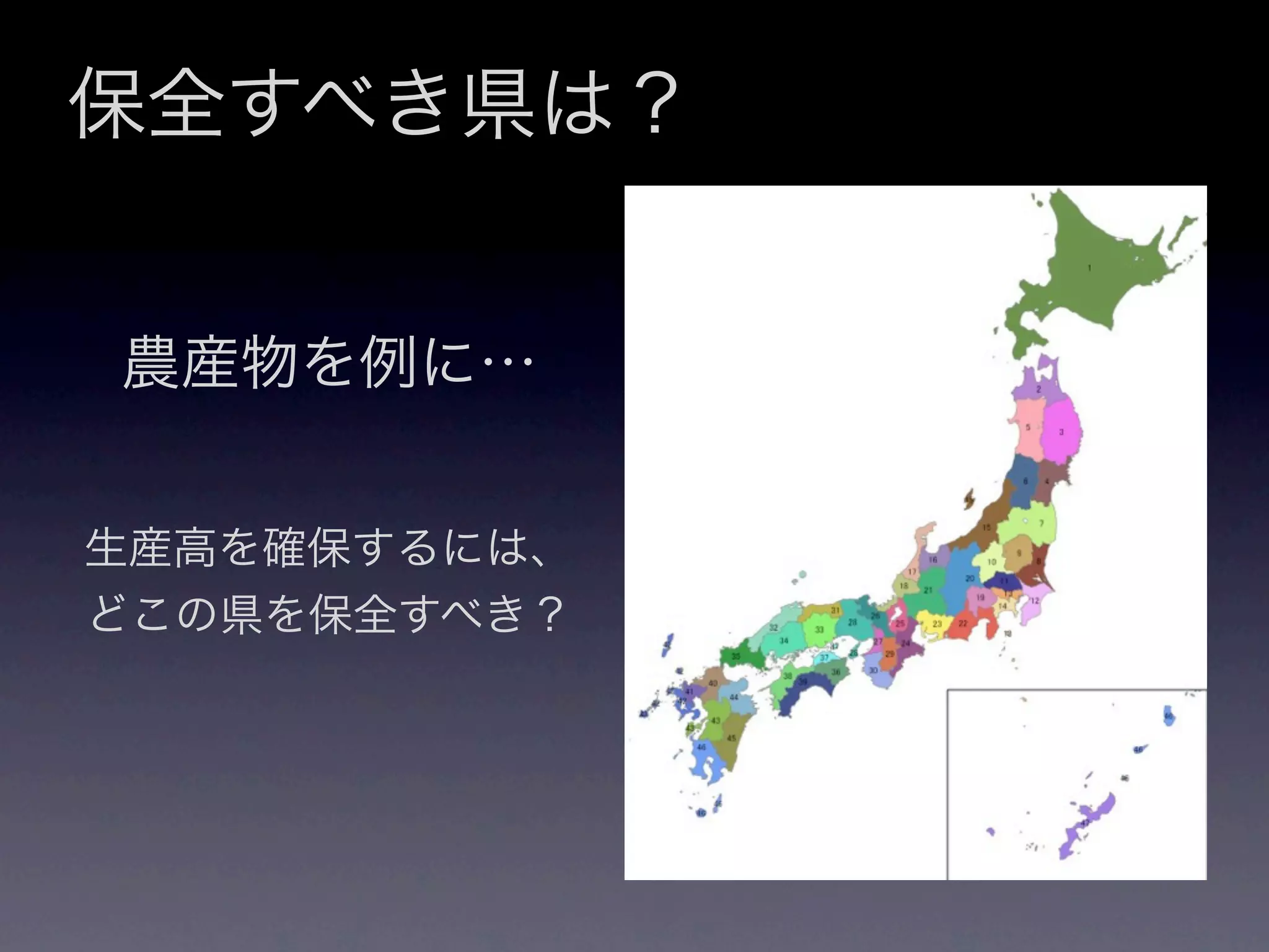 保全すべき県は？


農産物を例に…


生産高を確保するには、
どこの県を保全すべき？
 