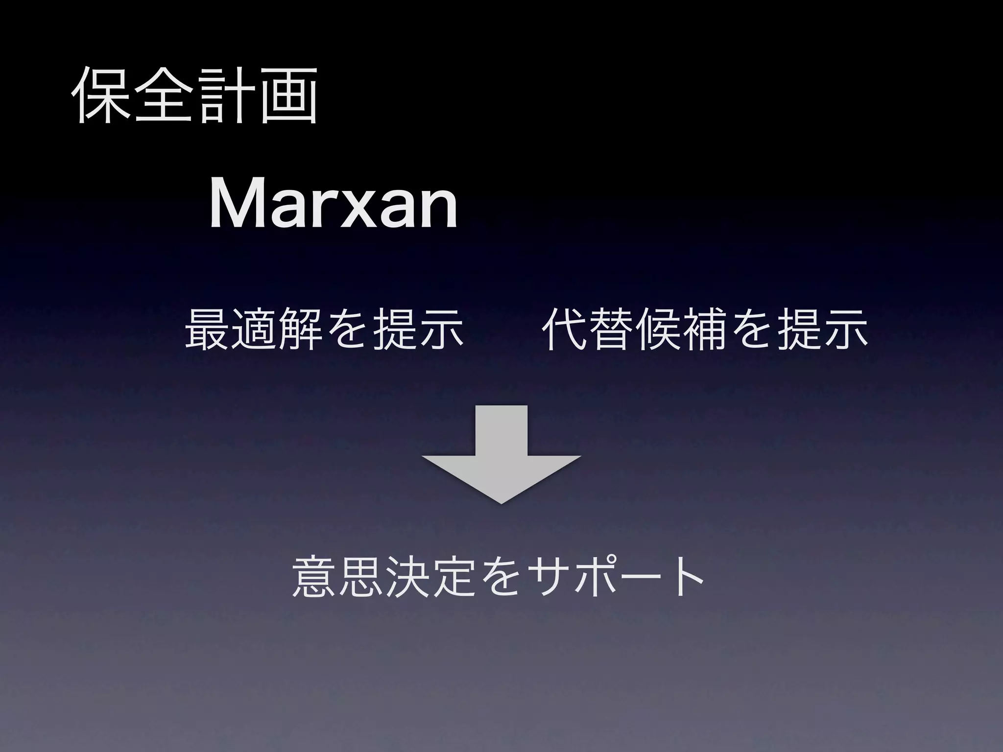 保全計画
  Marxan
 最適解を提示    代替候補を提示




   意思決定をサポート
 