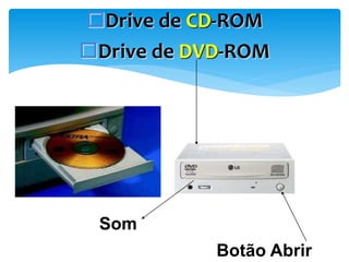 Drive de CD-ROM
Drive de DVD-ROM

Som
Botão Abrir

 