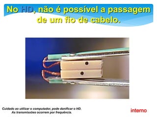 No HD, não é possível a passagem
de um fio de cabelo.

Cuidado ao utilizar o computador, pode danificar o HD.
As transmissões ocorrem por frequência.

Componente interno

 
