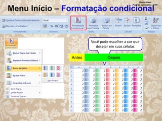 Silvana Lopes
Profª de Informática - ETEC

Menu Início – Formatação condicional

Você pode escolher a cor que
desejar em suas células
Antes

Depois

 