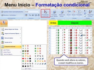 Silvana Lopes
Profª de Informática - ETEC

Menu Início – Formatação condicional

Antes

Depois

Quando você altera os valores,
o excel modifica os ícones.

 