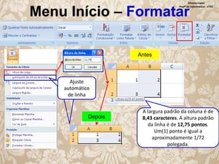 Silvana Lopes
Profª de Informática - ETEC

Menu Início – Formatar
Antes

Ajuste
automático
de linha

Depois

A largura padrão da coluna é de
8,43 caracteres. A altura padrão
da linha é de 12,75 pontos.
Um(1) ponto é igual a
aproximadamente 1/72
polegada.

 