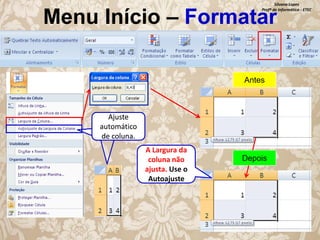 Silvana Lopes
Profª de Informática - ETEC

Menu Início – Formatar
Antes

Ajuste
automático
de coluna.
A Largura da
coluna não
ajusta. Use o
Autoajuste

Depois

 