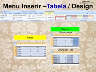 Silvana Lopes
Profª de Informática - ETEC

Menu Inserir –Tabela / Design

Depois
Última coluna

Antes

Coluna em Tiras

 