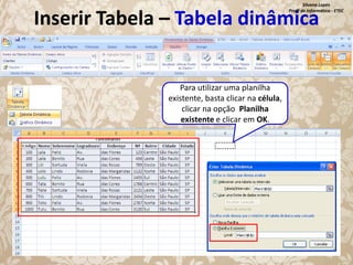 Silvana Lopes
Profª de Informática - ETEC

Inserir Tabela – Tabela dinâmica
Para utilizar uma planilha
existente, basta clicar na célula,
clicar na opção Planilha
existente e clicar em OK.

 