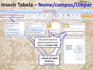 Silvana Lopes
Profª de Informática - ETEC

Inserir Tabela – Nome/campos/Limpar

Esta janela inicial só
aparece quando você
clique em Limpa Tudo

Veja que aparece
o Nome da tabela
Dinâmica
renomeada.

 