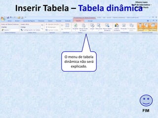 Silvana Lopes
Profª de Informática –
ETEC São Paulo

Inserir Tabela – Tabela dinâmica

O menu de tabela
dinâmica não será
explicado.

FIM

 