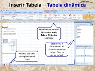Silvana Lopes
Profª de Informática - ETEC

Inserir Tabela – Tabela dinâmica

Perceba que o menu
Ferramentas de
Tabela Dinâmica
apareceu

Perceba que uma
nova planilha foi
criada.

Este menu é
automático. Ao
clicar em qualquer
outra célula, o
menu sumirá

 