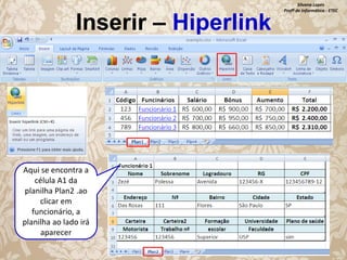 Inserir – Hiperlink

Aqui se encontra a
célula A1 da
planilha Plan2 .ao
clicar em
funcionário, a
planilha ao lado irá
aparecer

Silvana Lopes
Profª de Informática - ETEC

 