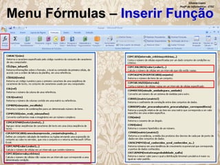Silvana Lopes
Profª de Informática - ETEC

Menu Fórmulas – Inserir Função

 