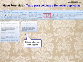 Silvana Lopes
Profª de Informática - ETEC

Menu Fórmulas – Texto para colunas e Remover duplicatas

Não estudaremos
estas opções

 