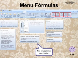 Menu Fórmulas

Não estudaremos
estas opções

Silvana Lopes
Profª de Informática –
ETEC São Paulo

FIM

 
