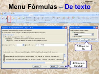 Silvana Lopes
Profª de Informática - ETEC

Menu Fórmulas – De texto

5.Clique em
Ok

4.Clique em
Concluir

 