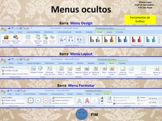 Menus ocultos
Barra Menu Design

Barra Menu Layout

Barra Menu Formatar

FIM

Silvana Lopes
Profª de Informática –
ETEC São Paulo

Ferramentas de
Gráfico

 