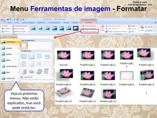 Silvana S. Lopes
Profª de Informática - ETEC

Menu Ferramentas de imagem - Formatar

Veja os próximos
menus. Não estão
explicados, mas você
pode testá-los.

 