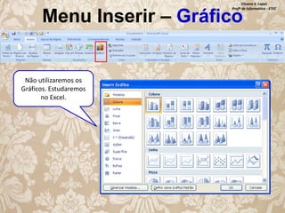 Silvana S. Lopes
Profª de Informática - ETEC

Menu Inserir – Gráfico

Não utilizaremos os
Gráficos. Estudaremos
no Excel.

 