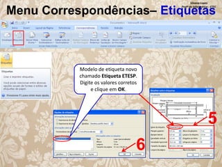 Silvana Lopes
Profª de Informática - ETEC

Menu Correspondências– Etiquetas

Modelo de etiqueta novo
chamado Etiqueta ETESP.
Digite os valores corretos
e clique em OK.

5
6

 
