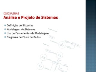 Definição de Sistemas Modelagem de Sistemas Uso de Ferramentas de Modelagem Diagrama de Fluxo de Dados DISCIPLINAS Análise e Projeto de Sistemas 