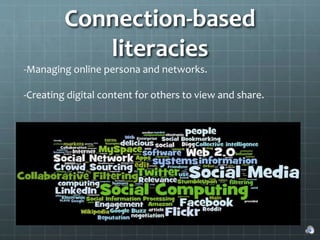 Connection-based
literacies
-Managing online persona and networks.
-Creating digital content for others to view and share.
 