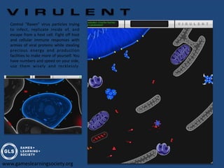 Control "Raven" virus particles trying
   to infect, replicate inside of, and
   escape from a host cell. Fight off host
   and cellular immune responses with
   armies of viral proteins while stealing
   precious energy and production
   facilities to make more of yourself. You
   have numbers and speed on your side,
   use them wisely and recklessly.




www.gameslearningsociety.org
 