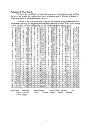 19
Assessment: Word Search
The words are not difficult, but finding them can prove challenging. Just the fact that
the words are smaller, with not too many letters, adds to the level of difficulty. And trying to
find smaller words in a sea of letters can be tough.
The words of this Web free hosting using Wix are hidden in every possible direction –
horizontally, vertically and diagonally: forwards and backwards. Encircle all the words related
to Web Creation and Web free hosting. Use the list of words below as your guide.
A G N E R E B R T U E F R O R C B N G O B N L O T
N Q N V U R Y N G H U Y U N P G C R N Q G A N O
C O B A O E L E M E N T S S C I H A D I O E S T E
O U I G N C I Y T H S O C S H P S A L B M O A Y
C O L T D I T A N T H O I E E A G W W H S T N G O
T Y C O A N S T Y S C L D S C D E X A T E A T I N
I C I A Y C I O N N E R G E B R A S X S T G A O L
N E E V L O I A L I M A M W A V I B I N T I G V I
G P S N I T I L H A E K N O I G N W E I I O I S N
G P L E R T S N P G E R T H B S H A G E N V A L E
H U R E Y A G D O P S S P E P I M V H N G S G Y S
U B N V R G H I L A A E L G O E L N K R S L S U T
O L A E C I T H I T O C E M A N S E P Y T Y L O O
A I D S X O W E H E F X D O S Q W T T P T P Y V R
E S N Q N V E T U E F T I P A S A N W A A Y U R E
R H A W O S G O B N V A T I O P C U E E V A V E O
H U E T I L R N Q G W G O B S R V O Q D X G V T N
N S H O E Y D I O E A I R O B O K C E A L T N H T
E Q E M N U A L B M C O G T U M S C S E A U G P A
P O U L A L T A S T H V N O B T A A P S H L E O G
L E D A E R I W C S R E I N Q S Y A N O T R M R I
S D A E R Y V N X E N I T I O E P Y L N S N T D O
T E B R T U B X E O E U E R Y E L T P T N A S D V
W I X E T S R T R P R R M E T S Y S E A I D E N S
Q T Q U A L I Y T A S R M A N E R W S G O N N A L
E E D A G E A N G Y I O S Q C A A W I P A G G Y
X D Q U E N U E H E N L P A S B B C A L C S E A U
C M S A V K L S A S R M A N E R S S C M I E M R R
P I T U E F G A R E E T I S B E W E H K O U N D T
V I V T U A L S V W R O S D B E E V R Y N G H U E
Application Elements Drag and Drop Online Store Website Wix
Online Accounts Visual Publish System Mobile Settings
Editor Design
 